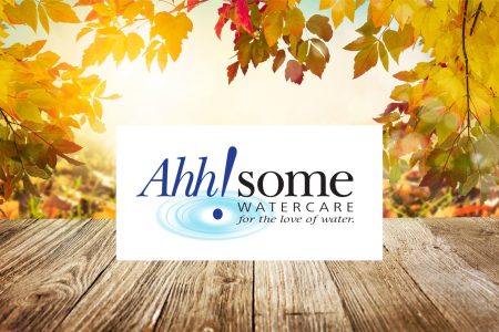An Ahh!some Watercare logo over a backdrop of fall leaves and a wooden deck.