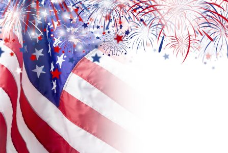 An American flag is pictured along the left side of the image and there are fireworks along the top of the image.